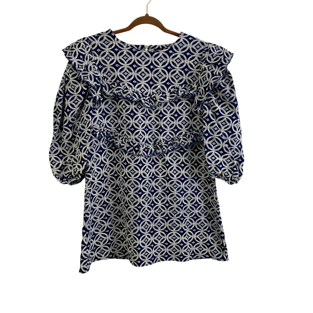 En SaisonNavy Blue White Geometric Tile Print Ruffle Yoke Puff Sleeve Dress